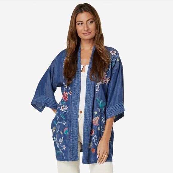 Johnny Was Workshop Viola Embroidered Denim Kimono Boho Chic Sz M/L - Picture 1 of 8